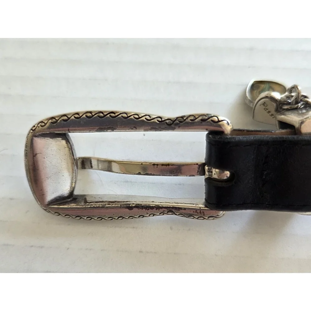 Vtg Brighton Skinny Belt B30283 Black Silver Buckle 3 Small Heart Charms Lg 34